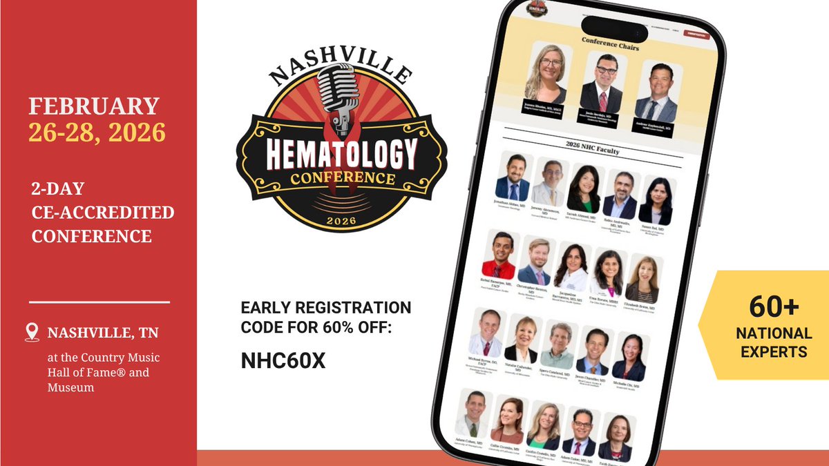60 reasons to attend #NashvilleHeme26 on Feb 26-28, 2026:
60+ Expert Faculty 🤩 and 60% off early registration with code NHC26X
Join us Feb 26-28, 2026 in Nashville, TN: hubs.la/Q03RBHF80

<a href="/BerdejaJesus/">Jesus Berdeja, MD</a> <a href="/drjoannarhodes1/">drjoannarhodes</a> <a href="/KuykendallMd/">Andrew Kuykendall MD</a> #MedEd #CME #hematology