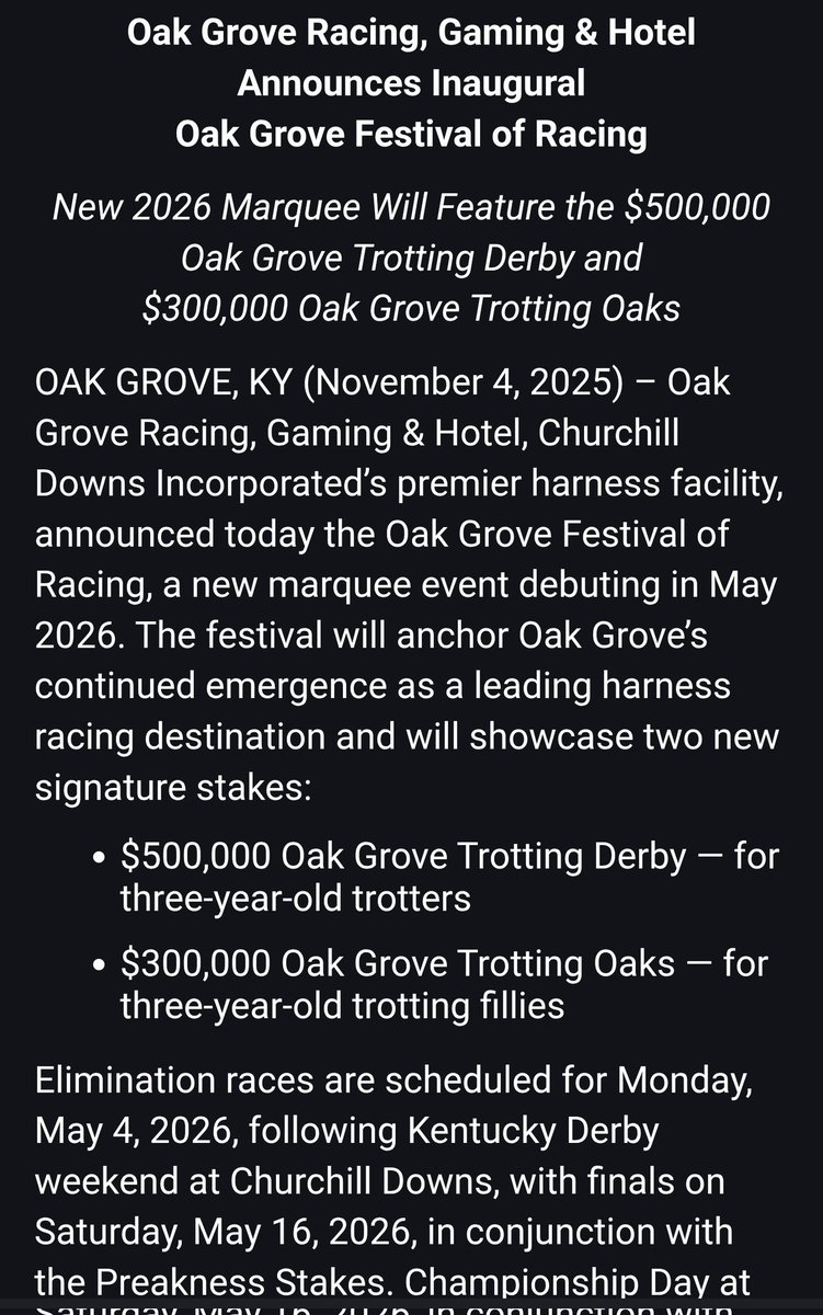 NEW - oak grove will now host the next big Hambletonian prep with the half-mil Oak Grove Trotting Derby and $300,000 debutante Oak Grove Trotting Oaks.

the racing world is at oak grove