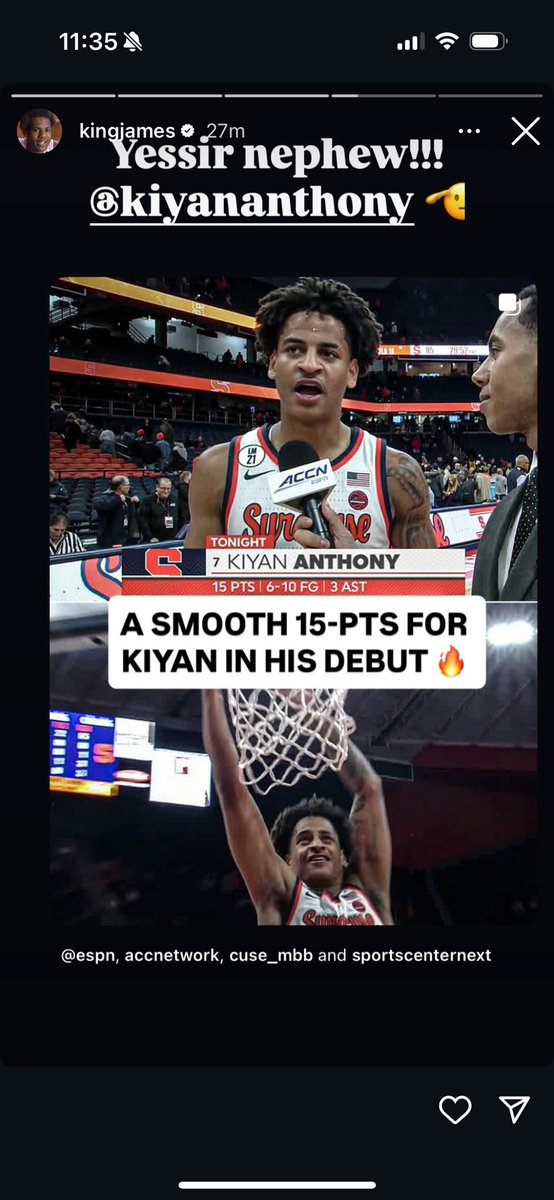 LeBron James with some praise for Kiyan Anthony on his Instagram story after he dropped 15 points in his SU debut last night.

Read more from Kiyan’s debut here: dailyorange.com/2025/11/syracu…