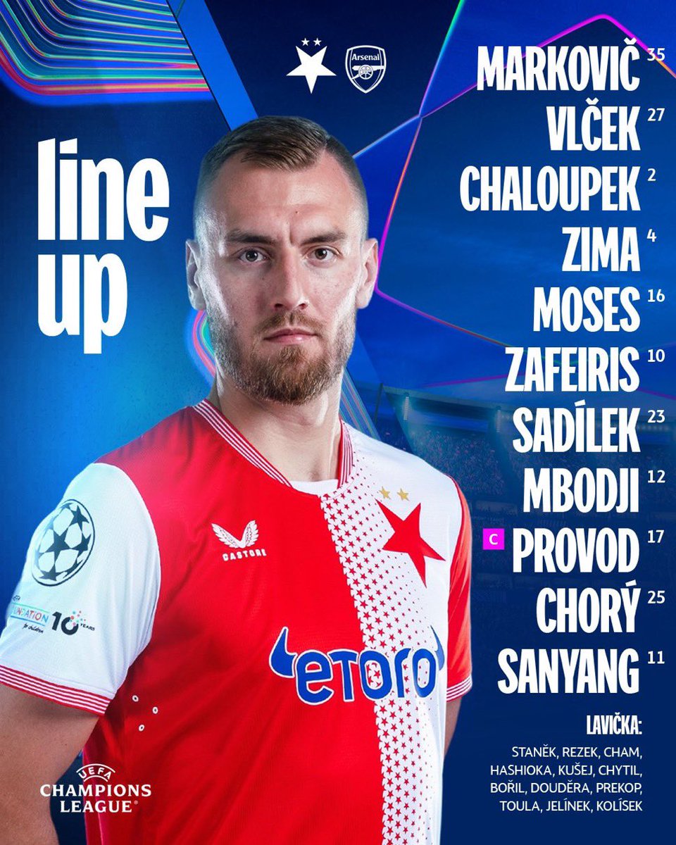 Le 𝐗𝐈 de départ contre Arsenal en Champions League ! 👥

Titularisation surprenante de Sanyang, sinon c’est du classique 
#slaviapraha