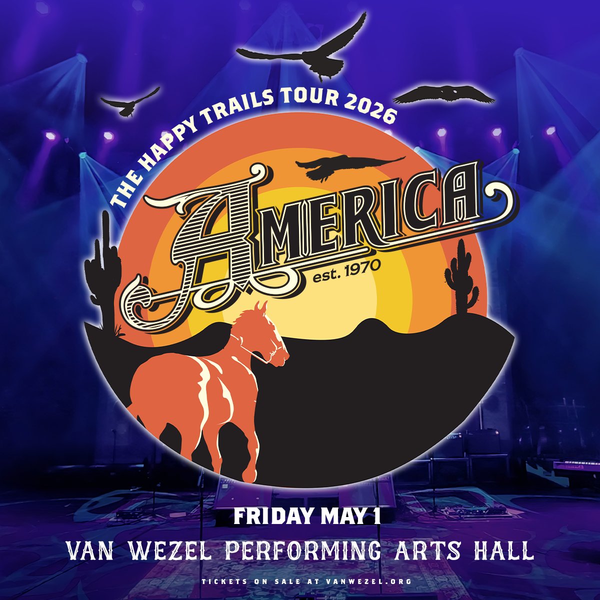 Just announced! 🎶 America brings their Happy Tails Tour 2026 to the Van Wezel on May 1, 2026! 🌟 The classic-rock trio behind “A Horse With No Name” continues to deliver timeless hits and powerful performances.

Tickets on sale Friday at 10 AM at VanWezel.org.