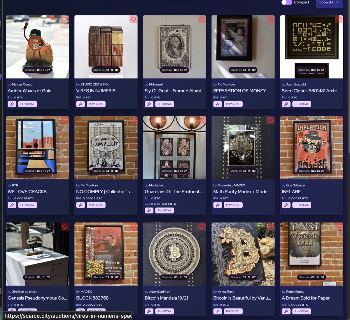 🎨 <a href="/scarcedotcity/">Scarce.City</a> x <a href="/SpaceDenver/">The Space</a>

The Space IRL Gallery is live for auction today opening up room for moar Bitcoin art to reach moar plebs🔥 🔥 

🕑 Bidding starts today at 2 PM EST
💥 Featuring works from some of Bitcoin’s finest artists
🖌️ We’ll be showcasing all the featured