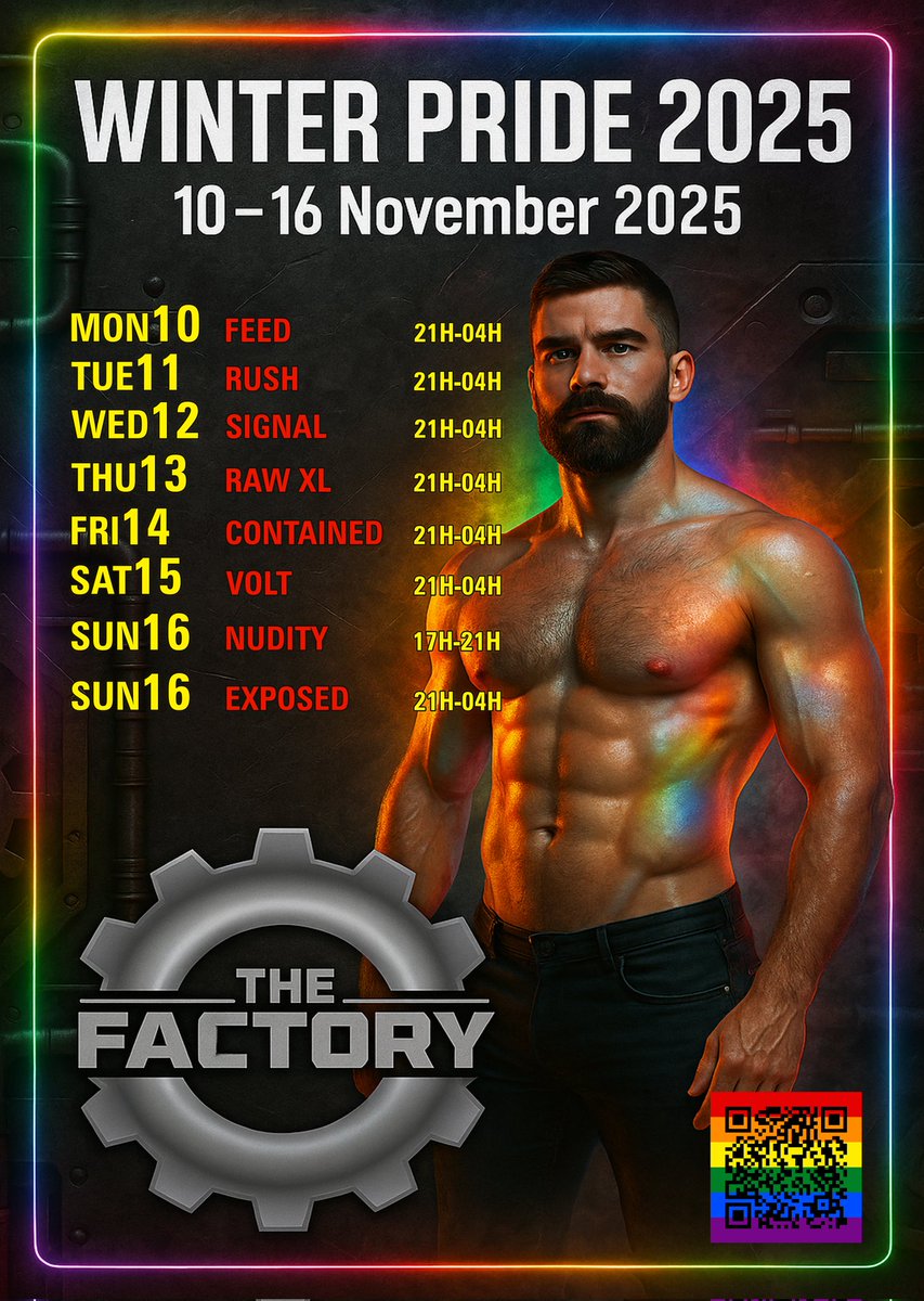 🏳️‍🌈 WINTER PRIDE 2025
at THE FACTORY · Gran Canaria
🗓️ 10–16 Nov · 8 parties · 7 days

FEED · RUSH · SIGNAL · RAWXL · CONTAINED · VOLT · NUDITY · EXPOSED

Cruising · Pride · No shame
🔗 thefactorygc.com
#WinterPride #TheFactoryGC