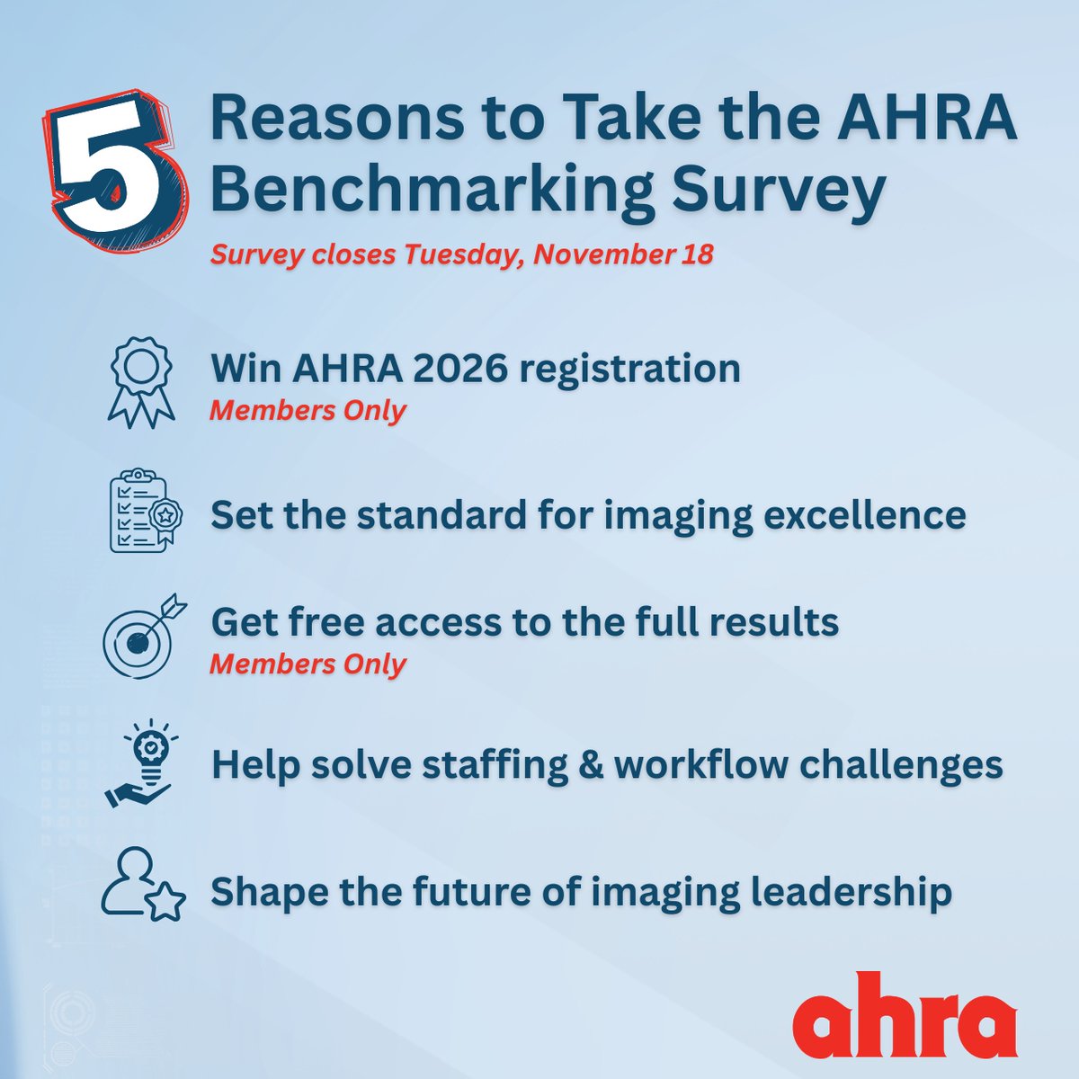 The AHRA Benchmarking Survey is open until Nov. 18! Help shape imaging standards, uncover trends &amp; strengthen the community. Members &amp; nonmembers welcome—your voice matters.

Start here: ahra.org/resources-prod… #AHRABenchmarkingSurvey #AHRA #MedicalImaging