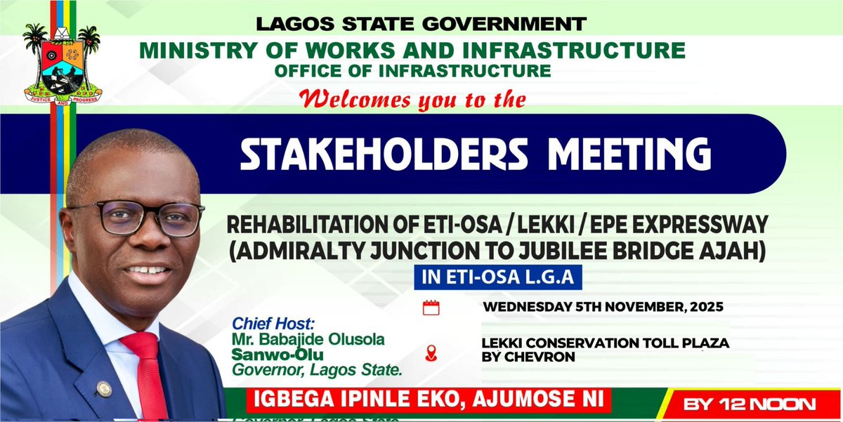 PRESS RELEASE
LAGOS TO COMMENCE REHABILITATION OF ETI-OSA/LEKKI/EPE EXPRESSWAY FROM ADMIRALTY WAY JUNCTION TO JUBILEE BRIDGE, AJAH
... Palley Stakeholders on Work Scope; Traffic Management Plans.
<a href="/followlasg/">The Lagos State Govt</a> <a href="/jidesanwoolu/">Babajide Sanwo-Olu</a> <a href="/Engr_FDarams/">Engr. Olufemi Daramola</a> <a href="/DesmondElliot_/">Desmond Elliot</a>