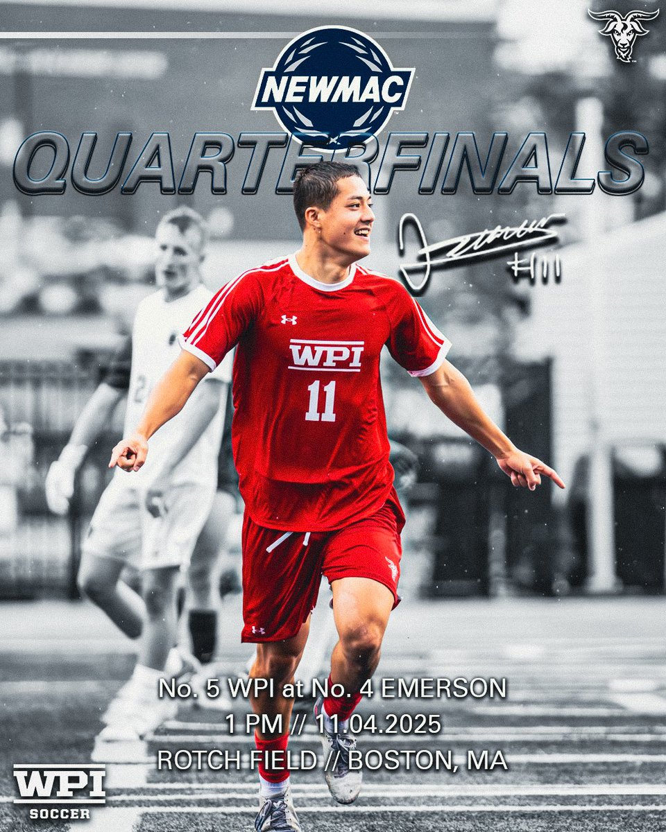 WPIAthletics's tweet photo. NEW SEASON BEGINS...⏳

No. 5 @WPIMSoccer heads to Boston to take on No. 4 Emerson in the @NEWMACsports Tournament Quarterfinals starting at 1pm! 

Tune in ⬇️
📺-https://t.co/UIZUzGkGw4
📊-https://t.co/Po9zXJnygB
🎟️-https://t.co/Uh3TKkwAKR

⚽️x🐐
#GoatNation #d3soccer https://t.co/eOcJv2qzu3