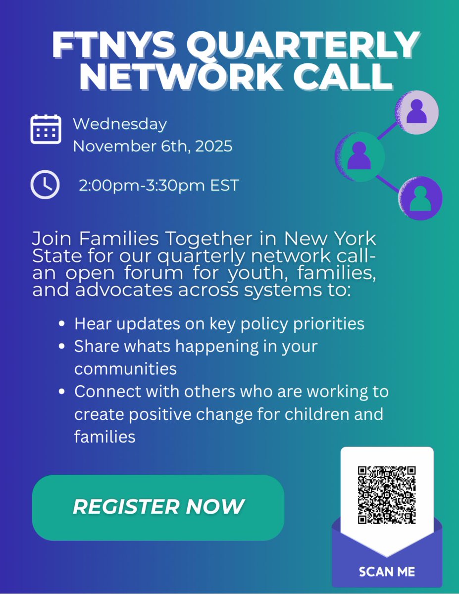 Happening in 2 days! Join FTNYS for our virtual Quarterly Policy Network Call this Thursday, November 6, 2025, from 2:00–3:30 p.m. Connect with youth, families, and advocates to hear important policy updates and share community news.
 
Register: conta.cc/3L5g5Vp