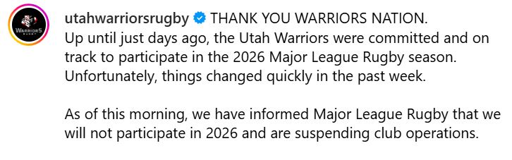 #Rugby 

El peor momento de #MLR camino a #RWC2031 🇺🇸

👎UTAH WARRIORS anuncia que deja de existir

Desde junio...¡ cinco equipos se bajaron para 2026 !
❌ New Orleans
❌ Miami
❌ Houston
❌ Utah
❎ Los Angeles &amp; San Diego se fusionaron

Apenas quedaron 6⃣ equipos para la próxima
