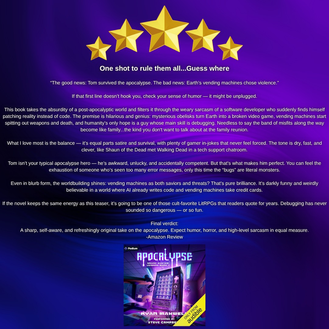 Got an amazing review for Grand System Vending: Apocalypse! So glad the audio is being enjoyed by readers. 😃

audible.com/pd/Apocalypse-…

The good news: Tom survived the apocalypse. The bad news: Earth's vending machines chose violence.

#LitRPG #Audiobook #Audible