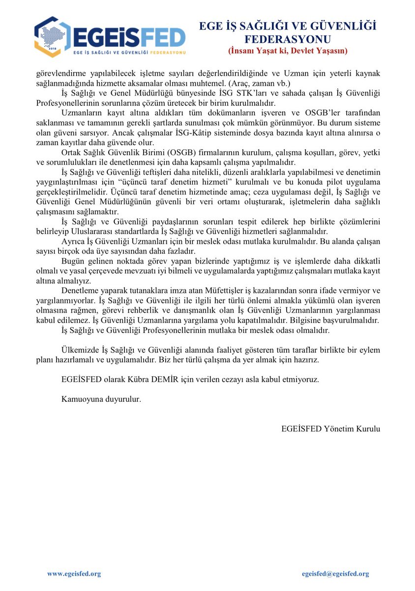 Ege İş Sağlığı ve Güvenliği Federasyonu’nun son yaşanan Kartalkaya otel yangını sonrası süreçle ilgili kamuoyu açıklamasıdır.#kartalkaya #çsgb #adaletbakanlığı #isggm #bilirkişilikdairebaşkanlığı #tbb #tmmob