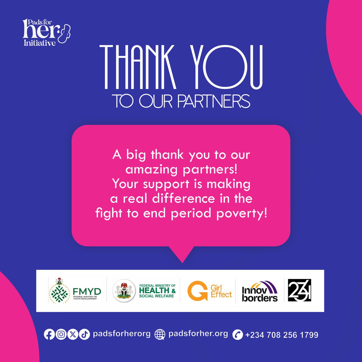 Padsforherorg's tweet image. We’re deeply grateful to our amazing partners for standing with us in the fight to end period poverty. Your commitment and collaboration continue to make a lasting difference in advancing menstrual health and dignity for women and girls across Nigeria. 🌸

#PadsForHer