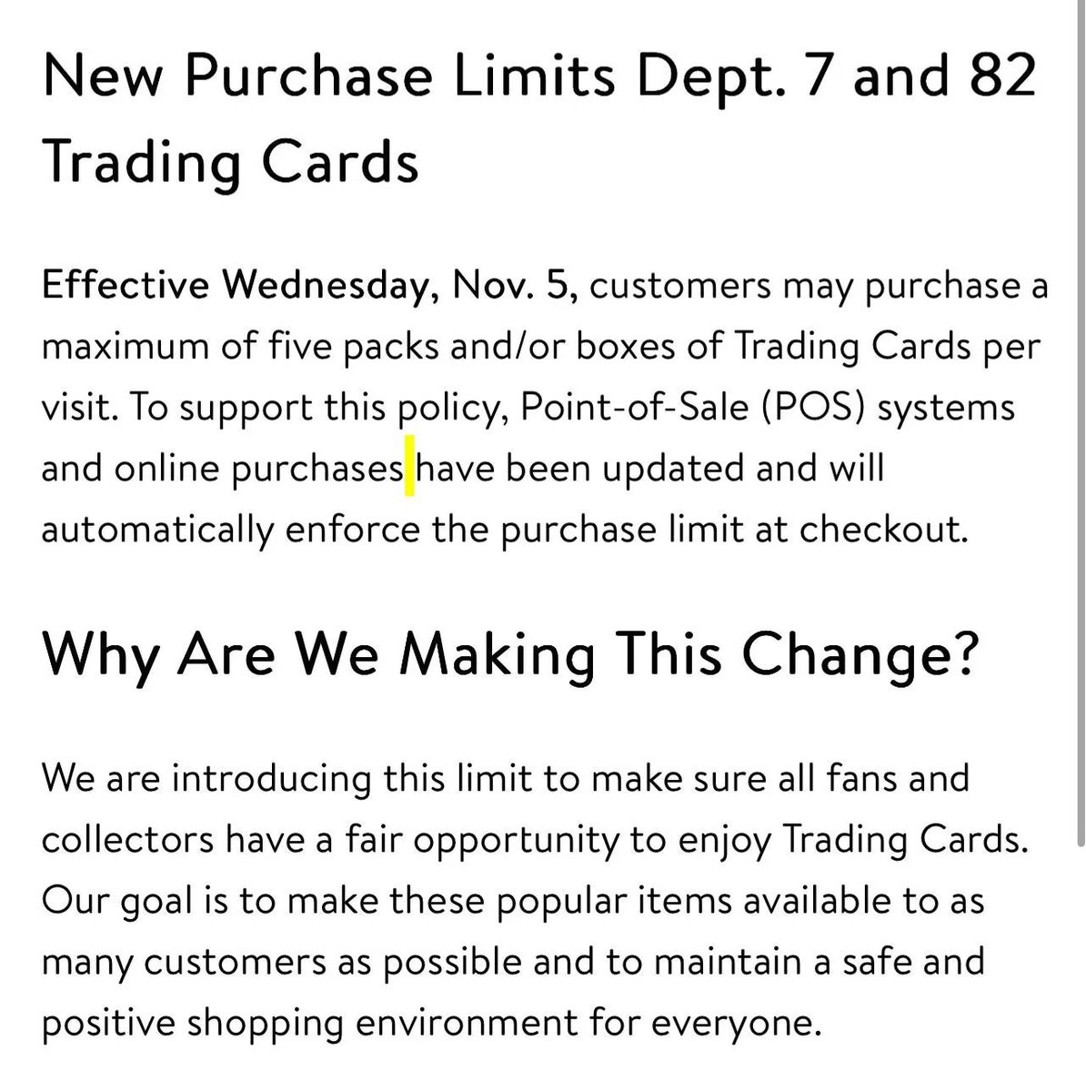 PokemonDealsTCG's tweet image. We&apos;ve been aware of multiple images indicating a new Walmart limit of 5 Pokemon TCG products per person for online / in-store starting November 5th. Some stores already started limiting as low as 2 per person.

Personally I&apos;m waiting until Walmart Wednesday tomorrow to see if…