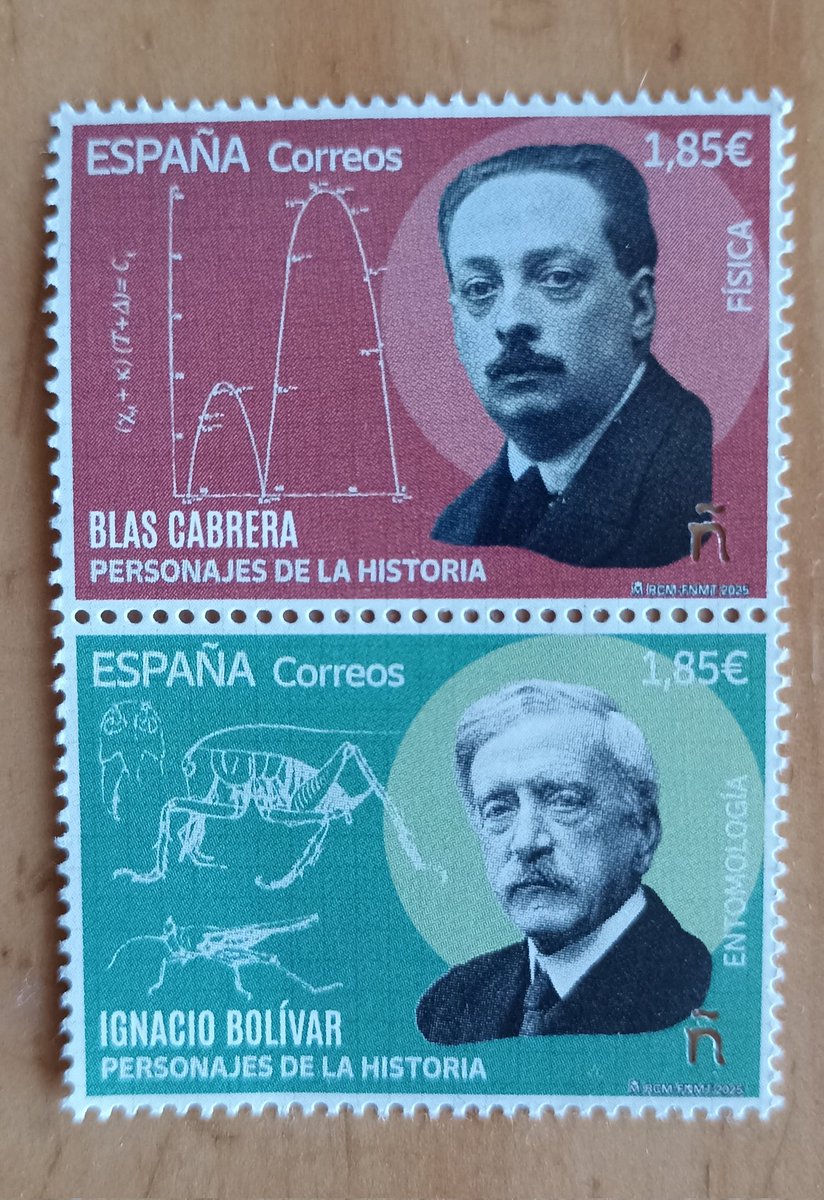 Sellos recientes de los científicos españoles Blas CABRERA e Ignacio BOLÍVAR. 
Curiosamente el discurso leído por Blas Cabrera (físico que investigó las propiedades magnéticas de la materia)  para su ingreso en la Academia Española de la Lengua en 1936 fue contestado por ... 1/2