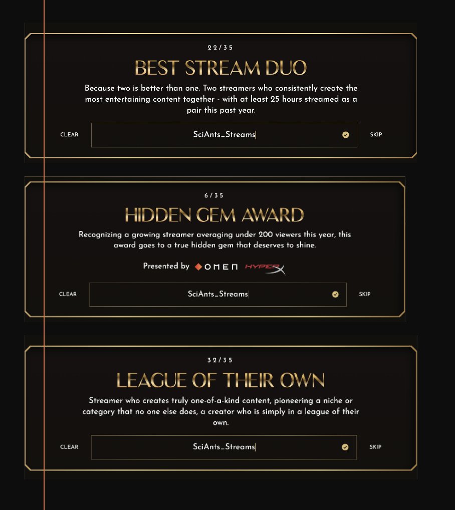 The <a href="/StreamerAwards/">The Streamer Awards</a>  Awards nominations are close to closing! With your support, we are aiming for nominations:  Hidden Gem Award which highlights a streamer with less than 200 average viewers during 2025 ;  Best Duo  and ; League of Their Own, intended for one of a kind content!