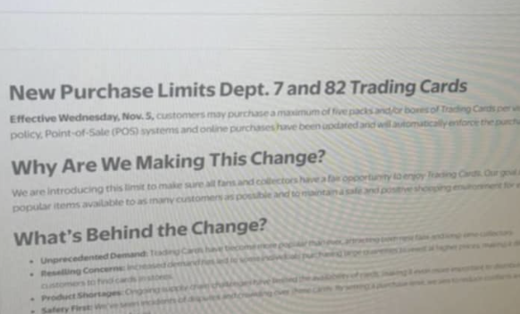 PokemonDealsTCG's tweet image. We&apos;ve been aware of multiple images indicating a new Walmart limit of 5 Pokemon TCG products per person for online / in-store starting November 5th. Some stores already started limiting as low as 2 per person.

Personally I&apos;m waiting until Walmart Wednesday tomorrow to see if…