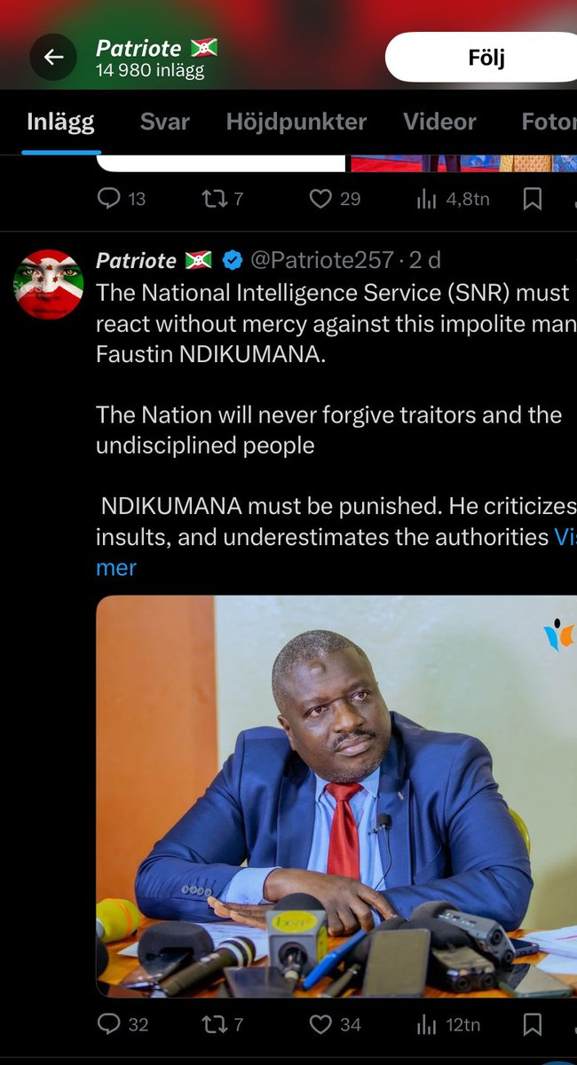 #Burundi: Le Président National de <a href="/ParcemBurundi/">parcem</a> vient de montrer presque tous les défis que traverse notre pays et des solutions possibles à <a href="/GeneralNeva/">SE Evariste Ndayishimiye</a> et <a href="/CnddFdd/">CNDD-FDD</a> , mais
 l’ influenceur  de #NEVA  mr <a href="/Patriote257/">𝙋𝙖𝙩𝙧𝙞𝙤𝙩𝙚 🇧🇮</a>  propose que #FaustinNdikumana soit interrogé par #SNR !!!🙈🤔