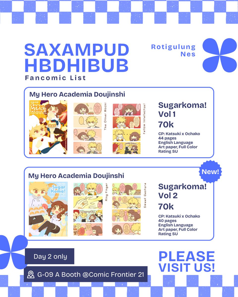 [RT &amp; ❤️ Appreciated!]

Katalog #CF21 
🐟 Circle SAXAMPUDHBDHIBUB 🐟
🌟 @_tengahmalam &amp; <a href="/Kumokodesu/">Nes - キネス - ✨open commission ✨</a> 
📍 Table G09A
🗓️ SUN 16 Nov (Day 2 Only)
💡 Kamen Rider geats, Kamen Rider Gavv, Dark Gathering, Phantom Siita, MHA doujinshi (CP: Kacchako)

(1/?)

#Comifuro21Catalog #Comifuro21