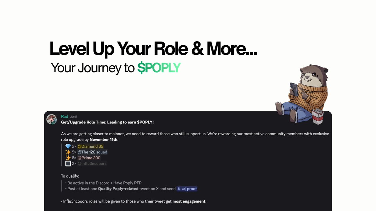 poply_xyz's tweet image. Get Upgrade Role!

We’re rewarding most active community members with exclusive role upgrades by Nov 11th:

1. Be active in Discord + a Poply PFP
2. Post at least 1 Quality Poply-related post on X

Your effort leads directly to $POPLY rewards.

3 Role Upgrade:
CM Discord id👇