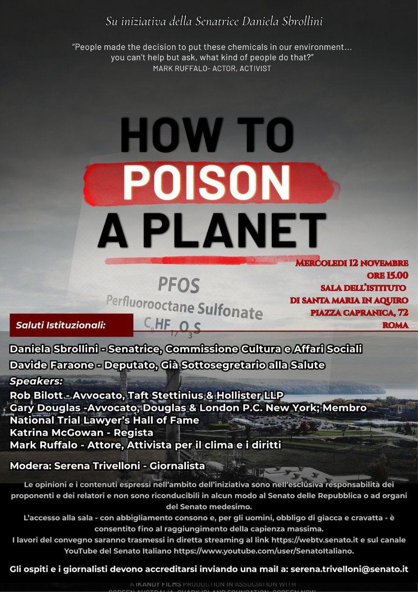 sere88_rm's tweet photo. Vi aspettiamo al @SenatoStampa mercoledì 12/11 per parlare di #pfas e #pfos con relatori d'eccezione. Per accrediti: serena.trivelloni@senato.it *stampa deve indicare dati anagrafici, testata, apparecchiature, n. tesserino, n. telefono.
@MarkRuffalo @RobertBilott @KatrinaMcGowan https://t.co/9FCquS9YHL