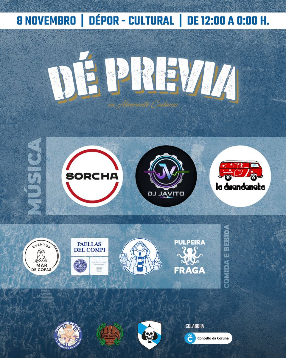 Este sabado 8 de novembro é dia DÉ PREVIA! O grande da Galiza xoga en Riazor ás 18h30, e a partir das 12h na Rúa Almirante Cadarso imos ter música, comida, material, festa e moito deportivismo. O sábado en Riazor, a victoria comeza xa na previa💪🏻