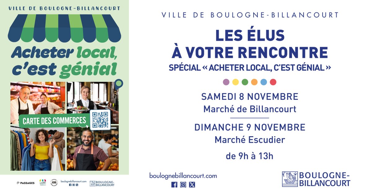 Vos élus seront présents samedi 8 novembre au marché de Billancourt et dimanche 9 novembre au marché Escudier autour de la thématique "Acheter local, c'est génial". N'hésitez pas à venir à leur rencontre et à échanger avec eux !
📅 Samedi 8 et dimanche 9 novembre
⏰De 9h à 13h