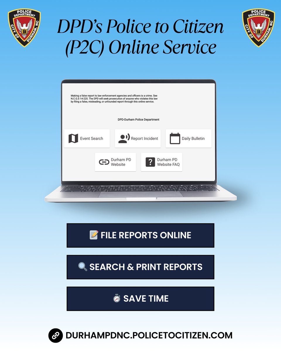 TheDurhamPolice's tweet image. Skip the wait - report non-emergency incidents online! 💻

Use DPD’s Police to Citizen (P2C) site to file reports like larceny, vandalism, or fraud as well as search/print past reports. Save time and help officers focus on violent crime. #P2C #DurhamPD

🔗 durhampdnc.policetocitizen.com/Home