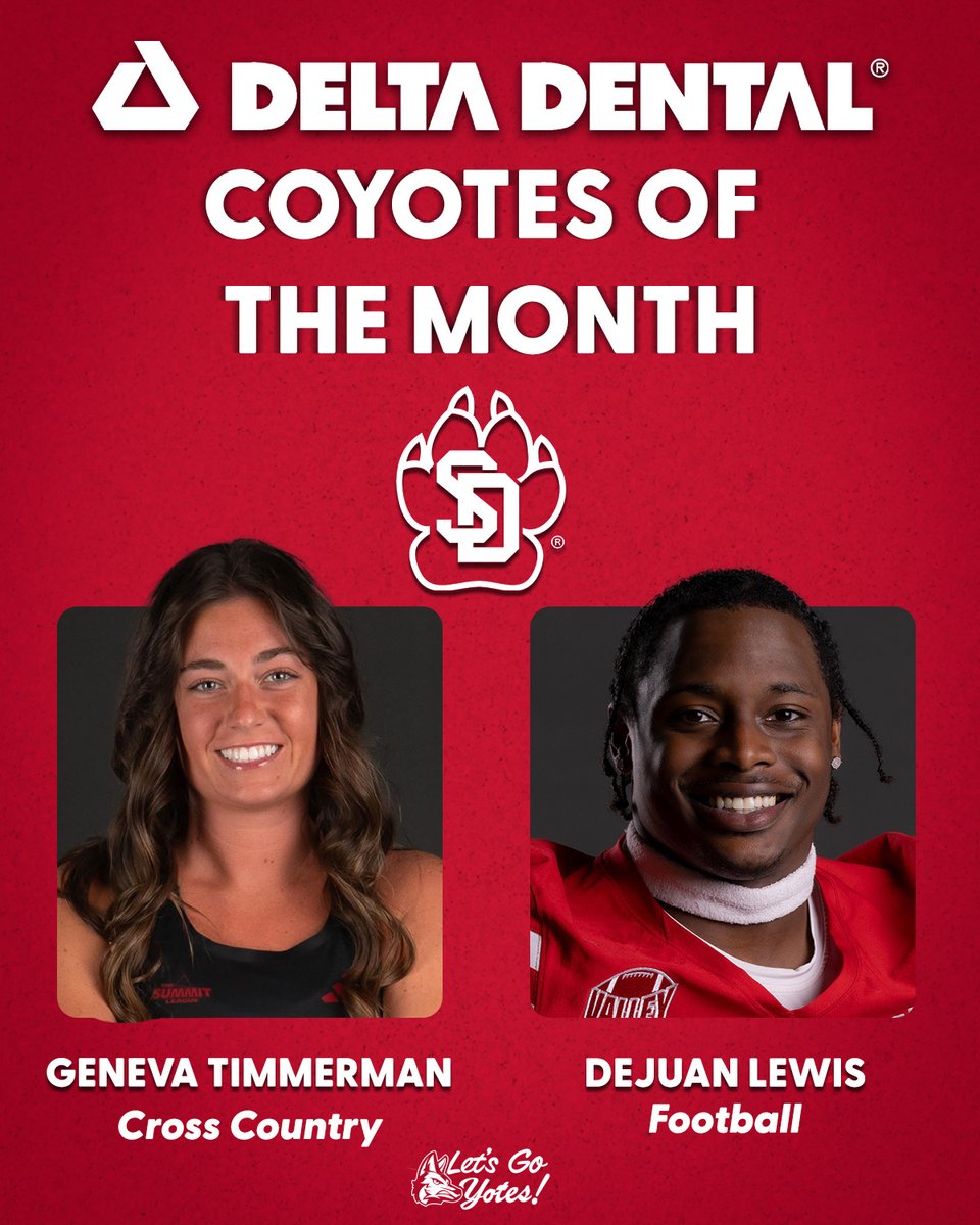𝐃𝐄𝐋𝐓𝐀 𝐃𝐄𝐍𝐓𝐀𝐋
Coyotes of the Month!

🏃‍♀️ 𝐆𝐞𝐧𝐞𝐯𝐚 𝐓𝐢𝐦𝐦𝐞𝐫𝐦𝐚𝐧
▪️ 6th place finish at the SummitLeague Championships

🏈 𝐃𝐞𝐉𝐮𝐚𝐧 𝐋𝐞𝐰𝐢𝐬

▪️ Two fumble recoveries
▪️ MVFC Defensive Player of the Week
▪️ 80-yd scoop-and-score

#GoYotes x <a href="/DeltaDentalSD/">Delta Dental of SD</a>