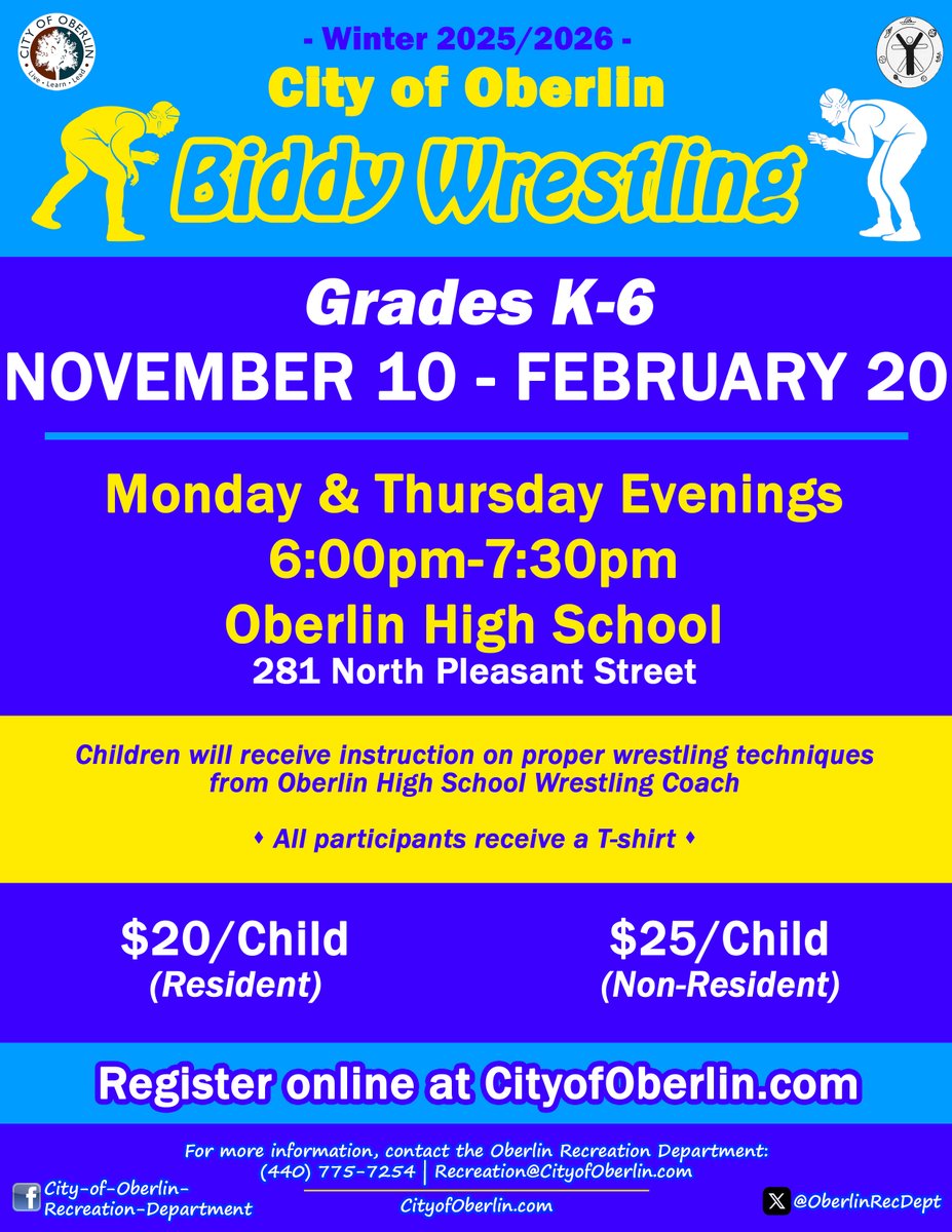 Biddy Wrestling Begins Next Week - Sign Up Today!🤼

🔹Mondays &amp; Thursdays - Nov. 10-Feb. 20
🔹6PM - 7:30PM
🔹Oberlin High School
🔹Grades K-6

Register HERE⬇️
ow.ly/xXHF50Xm2Fp