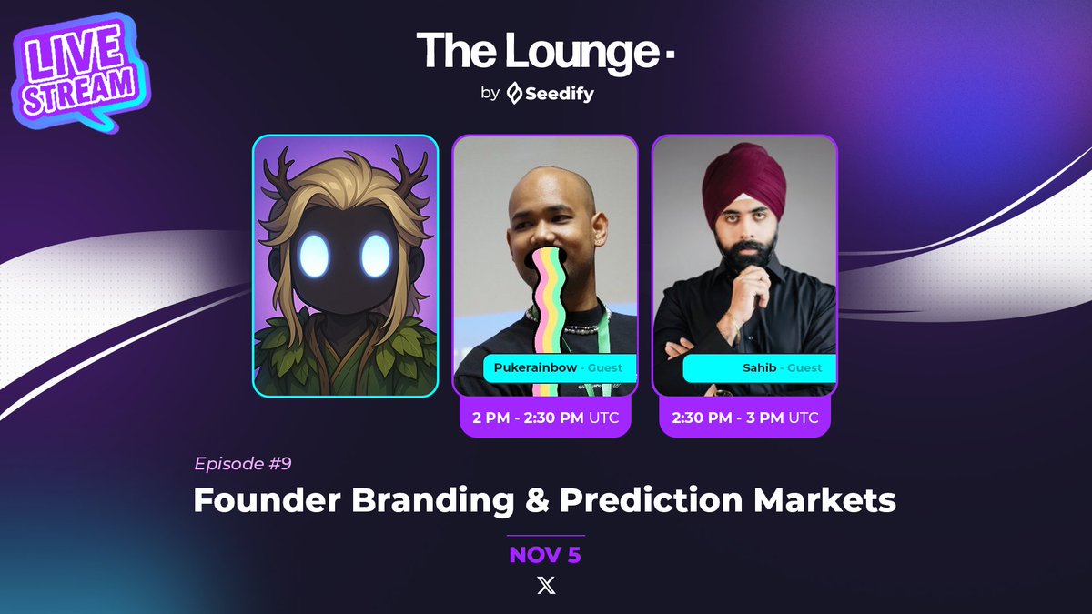A deep dive into Founder Branding &amp; Prediction Markets.
That’s what tomorrow’s episode of The Lounge will be all about!

With two incredible guests <a href="/pukerrainbrow/">Pukerainbow 🤮🌈</a> &amp; <a href="/seeksahib/">Sahib</a>, and our beloved host <a href="/meta_alchemist/">Meta Alchemist</a>.

November 5th | 2pm UTC

Be part of the conversation
Live on X