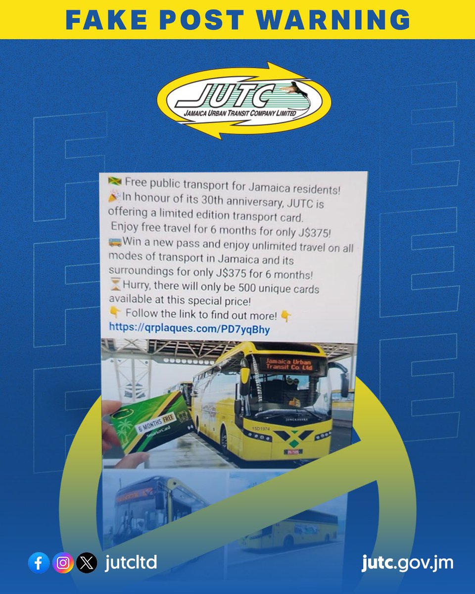 🚨 #ScamAlert: This is NOT an official announcement from @JUTC_JM. Please be vigilant. Do NOT click any suspicious links. All genuine updates appear only on our verified channels. 🔒 #StopScams #JUTC