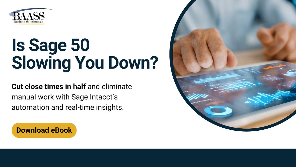 baassbiz's tweet image. Stretching Sage 50 to its limits?
If closings drag past 10 days &amp;amp; manual work slows you down, it’s time to upgrade. #SageIntacct automates processes, delivers real-time insights &amp;amp; simplifies multi-entity management—cutting close times in half. Download now hubs.la/Q03RC72G0