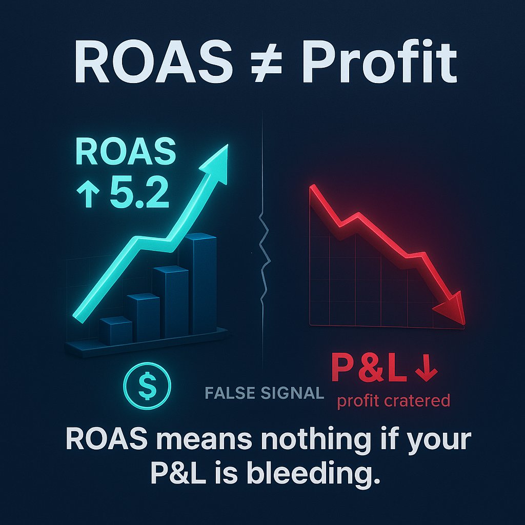 CProGrowth's tweet image. ROAS up 2.4 → 5.2.
Profit down 40%.

AppLovin retargeted Meta buyers.
ROAS lied. P&amp;amp;L told the truth.

#ProfitOverROAS #PerformanceMarketing #MetaAds #CProGrowth #DigitalMarketing #PaidMedia #AdStrategy #GrowthMarketing #MediaMixModeling #EcommerceGrowth