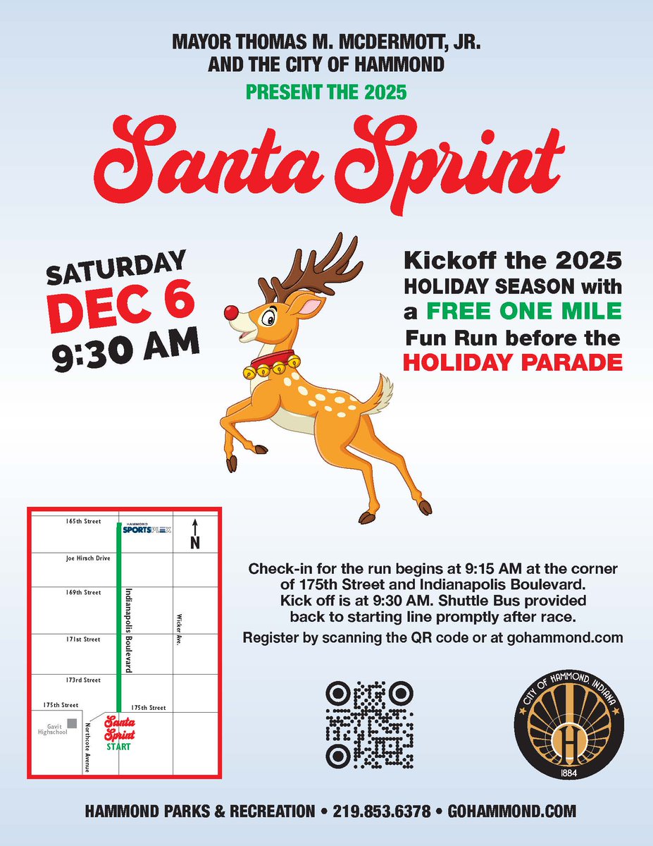 cityofhammond's tweet image. Kickoff the annual Holiday Parade with a free 1-mile #SantaSprint #FunRun ! Calling all #runners we need you to come get into the jolly spirit of the season and lead the parade, come out and jingle all the way! Enter online today at gohammond.com/santa-sprint-f…