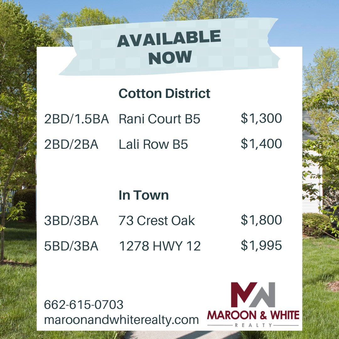 Looking for an updated list of availability? Here you go! Don’t miss out on an opportunity to secure your spot!⏳ 

Want to schedule a showing? Visit Calendly.com/maroonandwhite…!🏡 

Click the CONTACT button on our website to ask about applying📲

Maroon &amp; White Realty | 662-615-0703