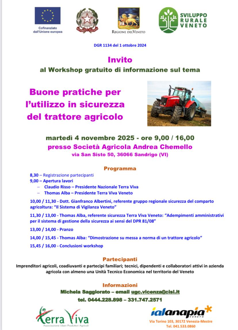 TerraVivaCisl's tweet photo. #Sandrigo #04novembre 🔊 #workshop "Buone Pratiche per l'utilizzo in Sicurezza del Trattore Agricolo", in videocollegamento Pres. naz. #TerraViva C.Risso, intervento vicepres. T.Alba su "Adempimenti Sicurezza DPR 81/08" e Dr. G.Albertini su "Sistema di Vigilanza in Veneto"
🌱 https://t.co/HT1U74SflX
