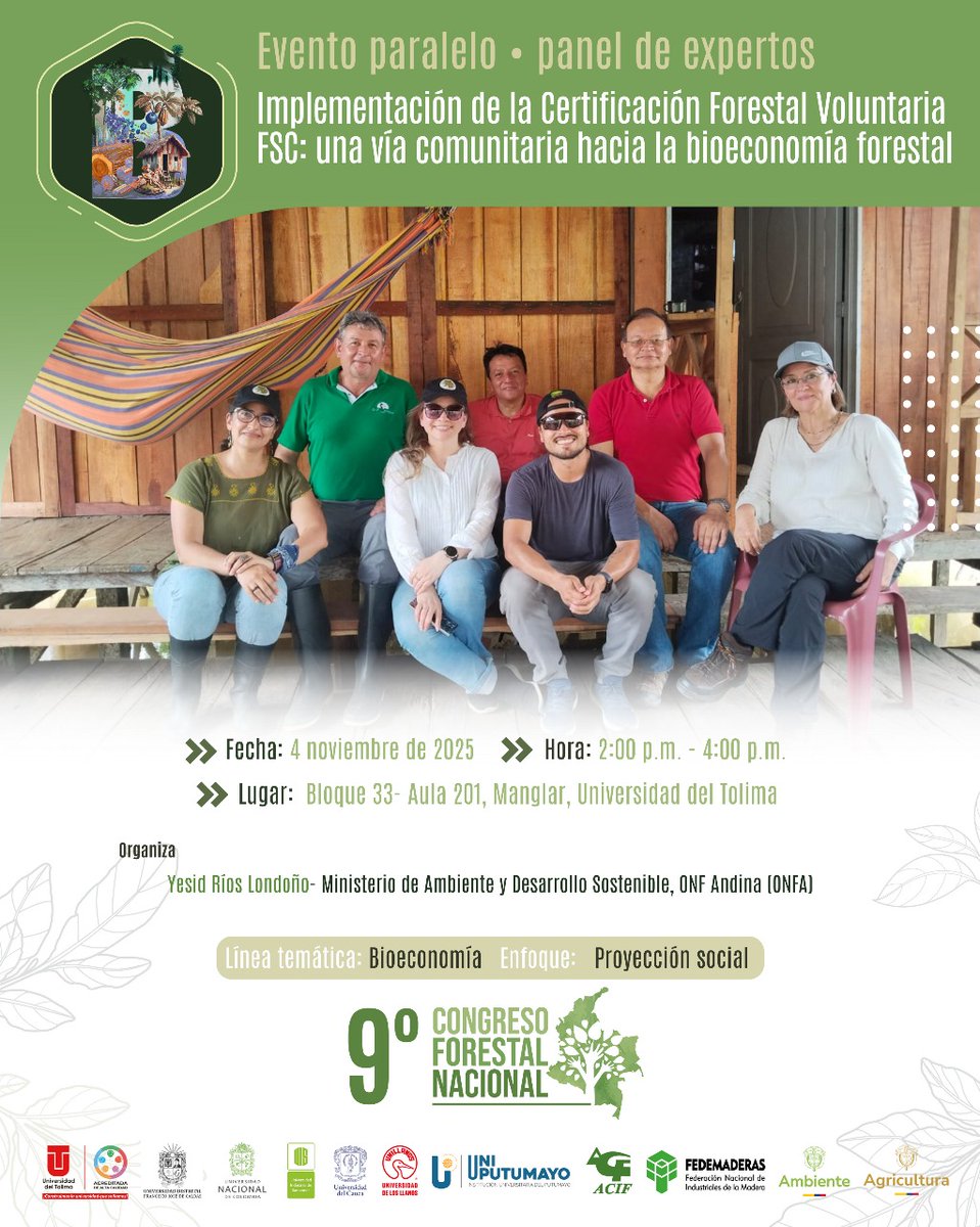 #Hoy <a href="/ONFAndina/">ONF Andina</a> se encuentra en el Congreso Forestal Nacional en #Ibagué, participando del panel “Implementación de la Certificación Forestal Voluntaria FSC: una vía comunitaria hacia la bioeconomía forestal".

🗓️ 4 de nov. | ⏰ 2:00 p. m.

➕️Info ⬇️ cfncolombiano.org/evento/1112