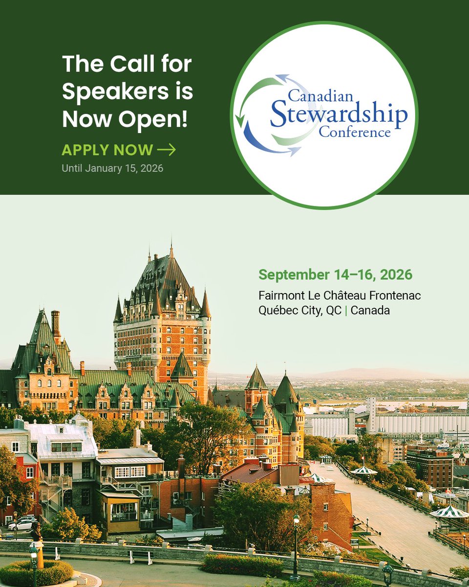 The #CallForSpeakers is now open! Share your #EPR expertise at the #CanadianEPRForum2026, taking place at the Château Frontenac in #QuébecCity. Submissions are open until January 15, 2026. Submit now: canadianstewardship.com/2026-call-for-… #CanadianStewardship
