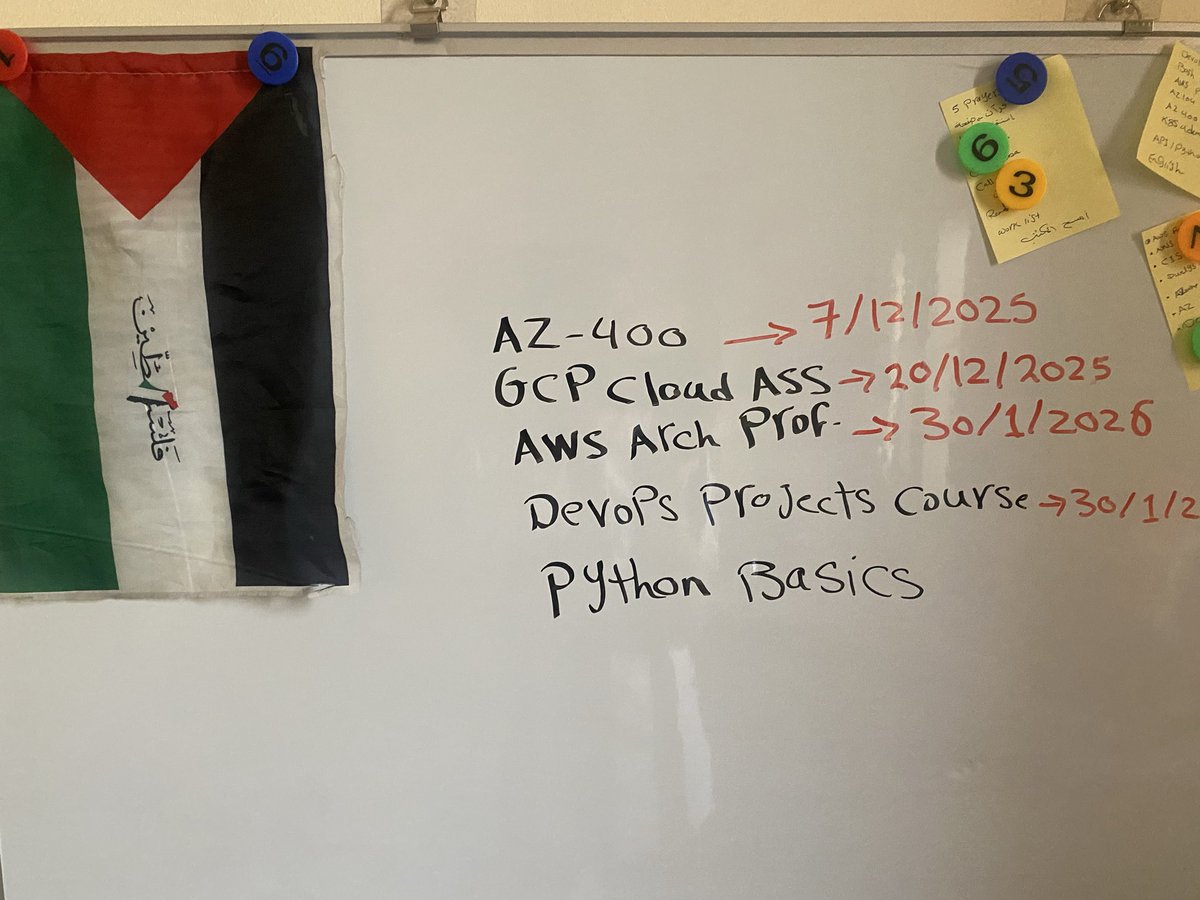 superkimo7's tweet image. قررت أعمل تحدي لنفسي خلال الـ ٩٠ يوم الجايين هأذاكر وأخلص الكورسات دي وأخد شهاداتها بإذن الله
AZ-400 → 7/12/2025  
GCP Cloud Associate → 20/12/2025  
AWS Architect Professional → 30/1/2026  
DevOps Projects Course → 30/1/2026  
Python Basics → مستمر يوميًا
#90DaysChallenge
