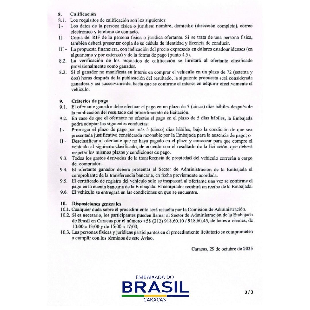 LICITACIÓN PARA VENTA DE VEHÍCULO

Se realizará un proceso de licitación, en la modalidad de mayor precio, para la venta de un vehículo.

Las propuestas deberán enviarse por correo electrónico al sector de Administración de la Embajada, siguiendo las instrucciones del aviso.