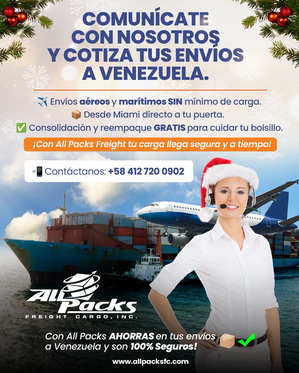 AllPacksFC's tweet photo. 📦✈️🚢 ¡Comunícate con nosotros y cotiza tus envíos a Venezuela! 🚢✈️📦

En All Packs Freight te ofrecemos:

✅ Envíos aéreos y marítimos SIN mínimo de carga
✅ Desde Miami directo a tu puerta
✅ Consolidación y reempaque GRATIS

📲 Contáctanos: +58 412 720 0902 https://t.co/hONDJnlNTH