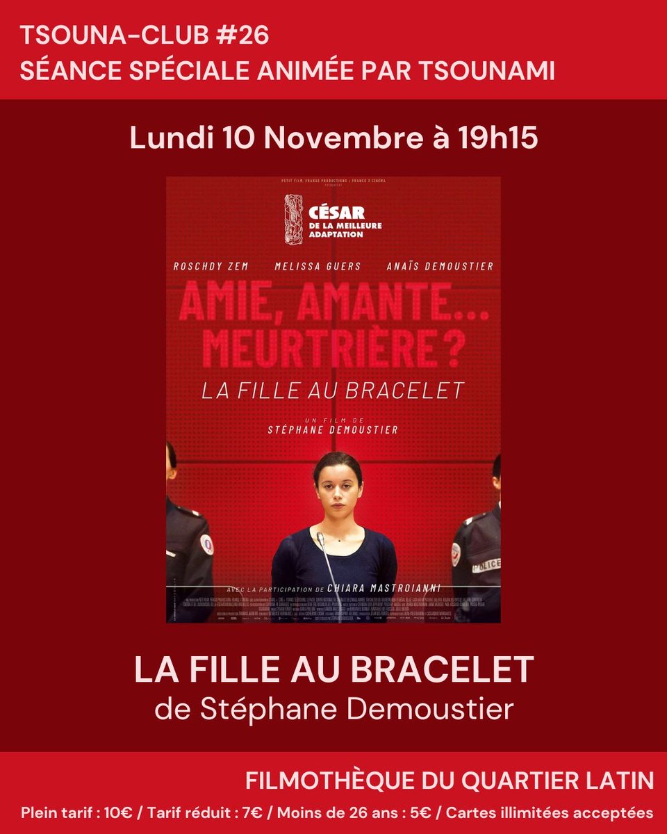 [NOUVEAU TSOUNA-CLUB]

Pour accompagner la sortie ce mercredi de L'inconnu de la Grande Arche de Stéphane Demoustier, nous vous proposons de voir ou revoir son 1er film, La Fille au Bracelet !

C'est lundi prochain, c'est à 19h15 et c'est toujours à la Filmothèque !!!