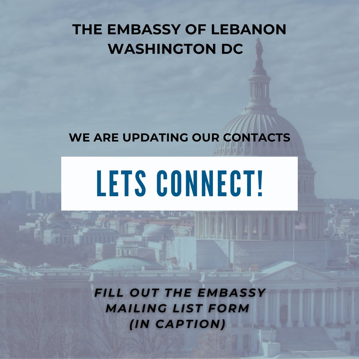 LebEmbassyUS's tweet photo. (1/2) The Embassy of Lebanon in Washington, D.C. is updating its mailing list for all Lebanese nationals and individuals of Lebanese descent residing in the U.S.
We look forward to connecting with you and strengthening our vibrant Lebanese community! https://t.co/SmOQedH90d