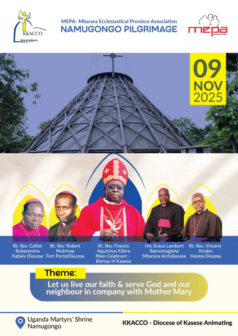 AMDAUganda's tweet photo. Annual MBARARA ECCLESIASTICAL PROVINCE ASSOCIATION (MEPA) PILGRIMAGE TO NAMUGONGO on Sunday 9th November 2025 at the Uganda Martyrs catholic parish Namugongo.

Mass, that will start at 10:30am, will be animated by kasese catholic diocese. 

Invite your family and friends to be part of this pilgrimage and share on the indulgences as #PilgrimsofHope