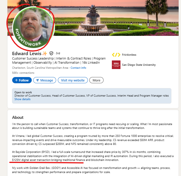 STNorth19's tweet photo. $BYSD CEO's profile now mentions 'Open to Work'. Definitely looks like a COC coming here with that $125M DIGau transaction. https://t.co/8Bva5JZ65o