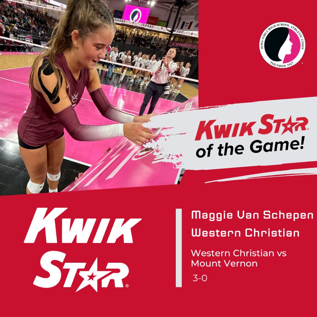 𝐊𝐖𝐈𝐊 𝐒𝐓𝐀𝐑 𝐎𝐅 𝐓𝐇𝐄 𝐆𝐀𝐌𝐄! 🌟🏐

Maggie Van Schepen from Western Christian is our Kwik Star of the game! 

<a href="/KwikStar/">Kwik Star</a> 

#IGHSAU #IowaGirl #StateVolleyball