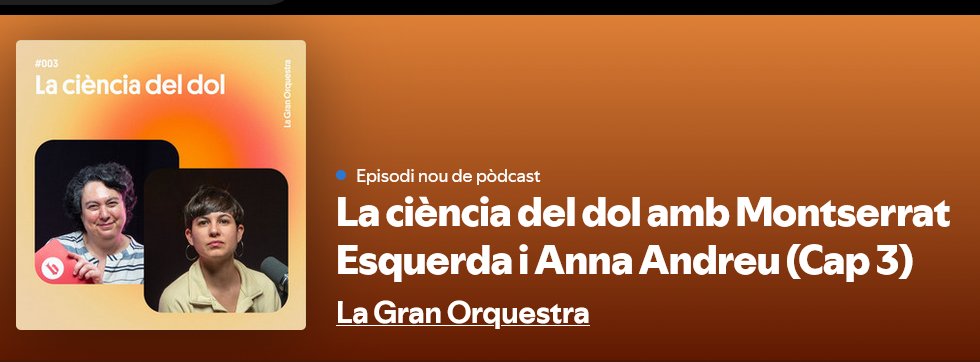 Si el dol és un procès natural, per què encara ens fa tanta por parlar-ne? 

I per què ens costa tant parlar-ne amb els nens?

En aquest podcast parlem de dol, de ciència, de nens i d'una mica més

En el Podcast de La Gran Orquestra i Anna Andreu

open.spotify.com/episode/0L2z7Z…