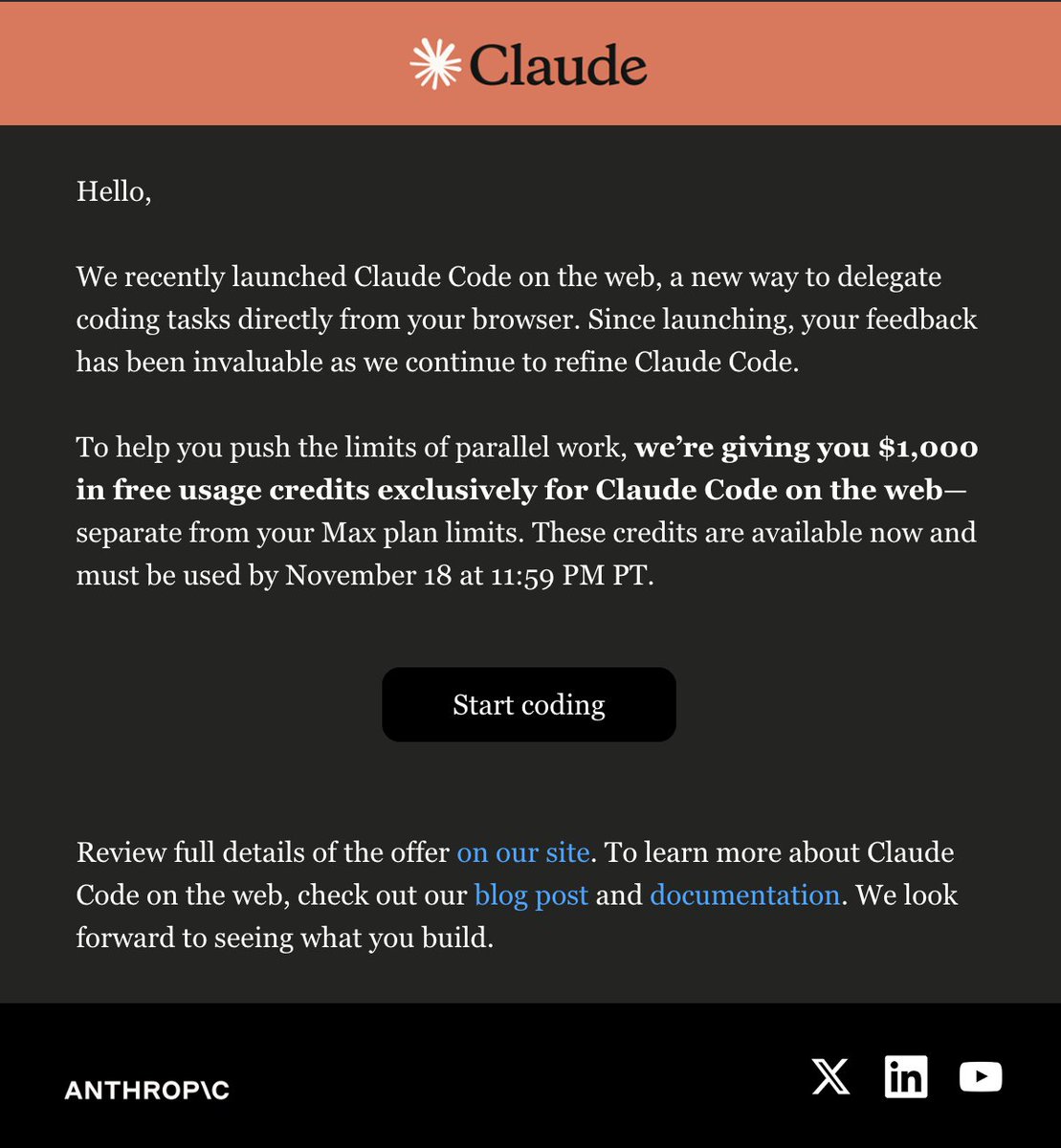 Claude rozdaje $1000 na CC web. Sprawdźcie skrzynki, jeśli używacie