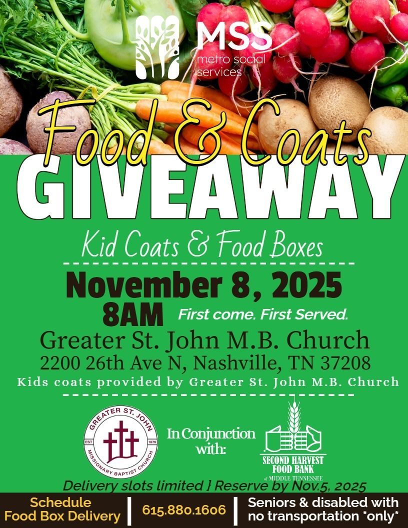 NashvilleMSS's tweet image. THIS SATURDAY: FREE food | FREE coats for kid | FREE rides home if you walk to or are dropped off. Nov.8, 8am, Greater St. John M.B. Church. First come, first served! #HopeAndHelp #FoodAccess