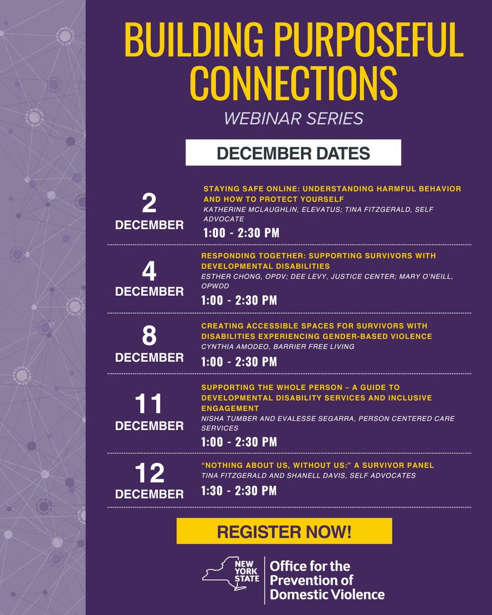 Registration for "Building Purposeful Connections" webinar series is now open- register for as many sessions as you'd like! Click here: ow.ly/NYrp50Xm6et
 
This series is part of a collaborative project with and supported by the NYS Council on Developmental Disabilities.