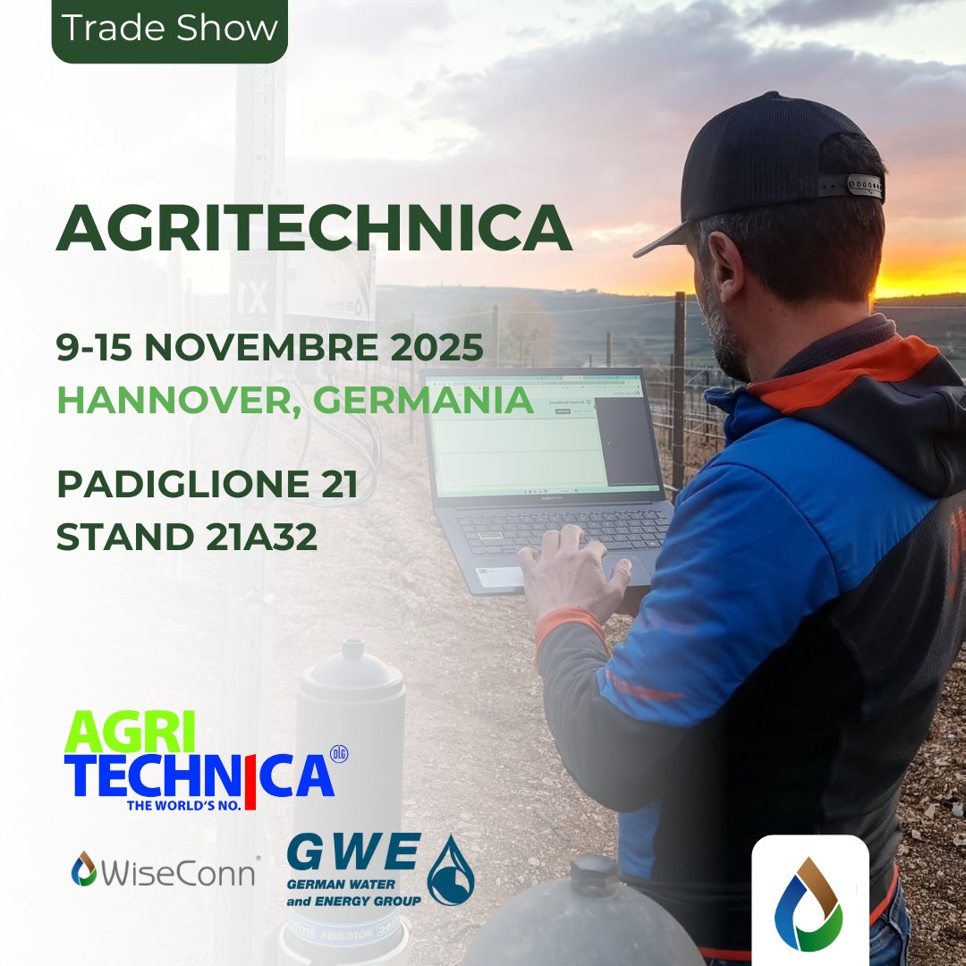WiseconnEurope's tweet image. Dal 9 al 15 novembre 2025, WiseConn Italy sarà presente ad @AGRITECHNICA 2025 ad Hannover (Germania)🇩🇪 insieme al nostro distributore GWE Group. Vieni a trovarci al Padiglione 21, Stand 21A32 per scoprire tutti i vantaggi della nostra soluzione #DropControl💧📱

#AGRITECHNICA2025